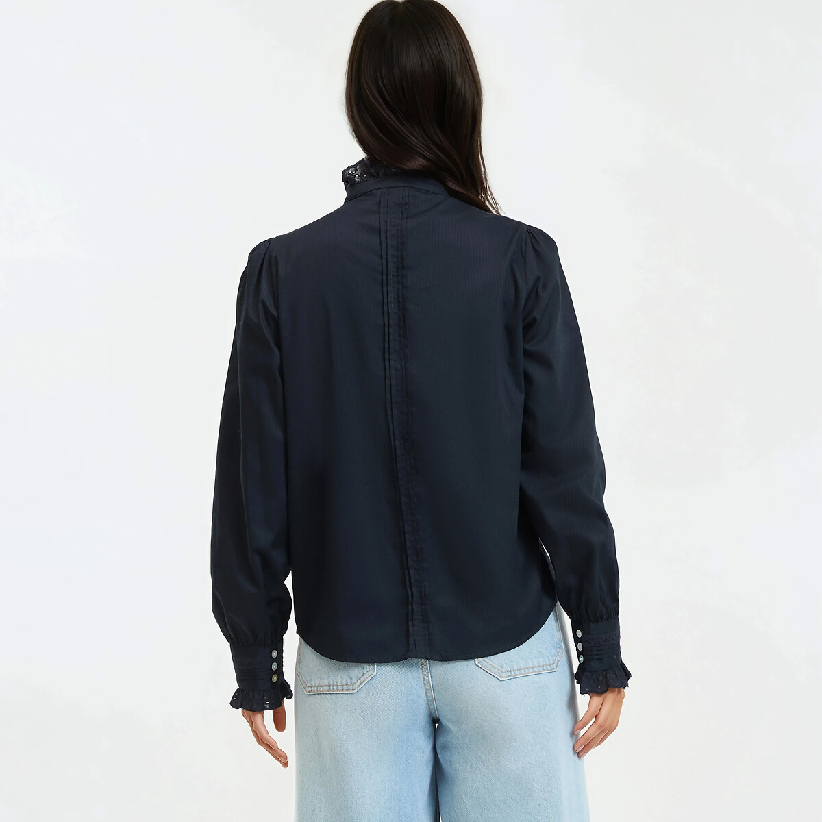 Signatures Eugenie Cotton Blouse with Ruffles navy blue, LA REDOUTE COLLECTIONS