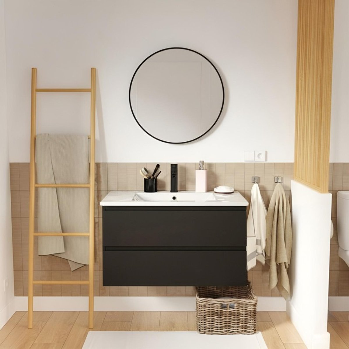 Meuble simple vasque 80cm décor chêne avec robinet et miroir SORRENTO noir satiné, MOB IN