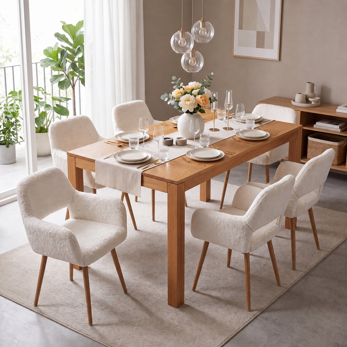 Lot de 6 chaises de salle à manger fauteuil scandinaves en tissu effet poil de lapin, CROMWELL PELUCHE blanc, MEUBLES COSY