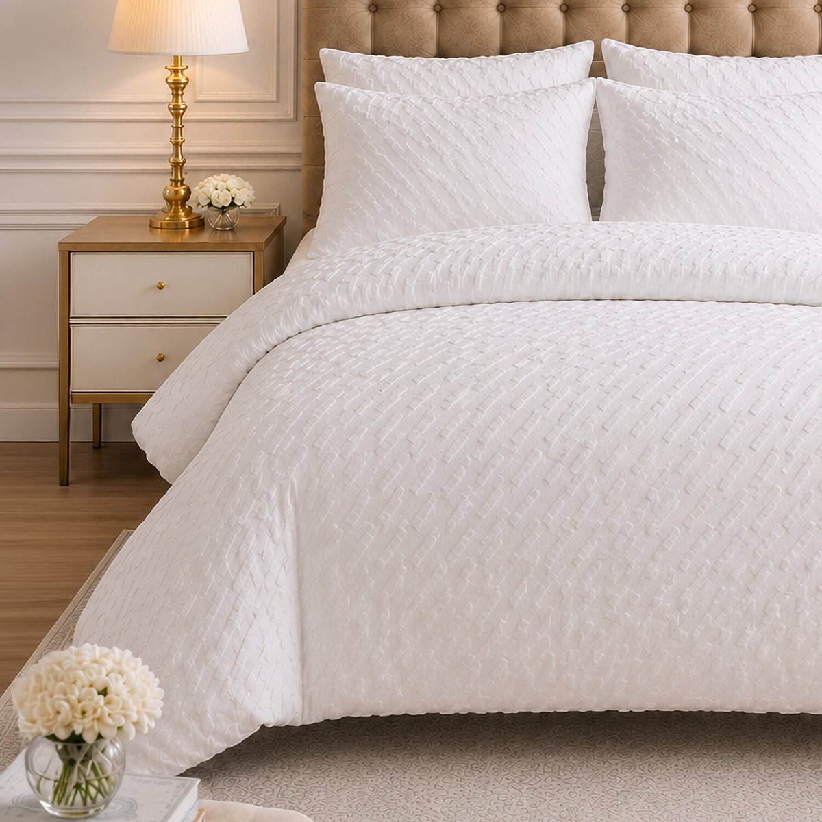 Parure de lit microfibre jacquard motif chevrons blanc, EDA blanc, C DESIGN HOME TEXTILE