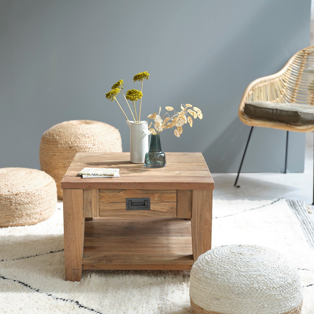 Table basse en bois de teck recyclé 60 cm CARGO naturel, BERAH GETAH