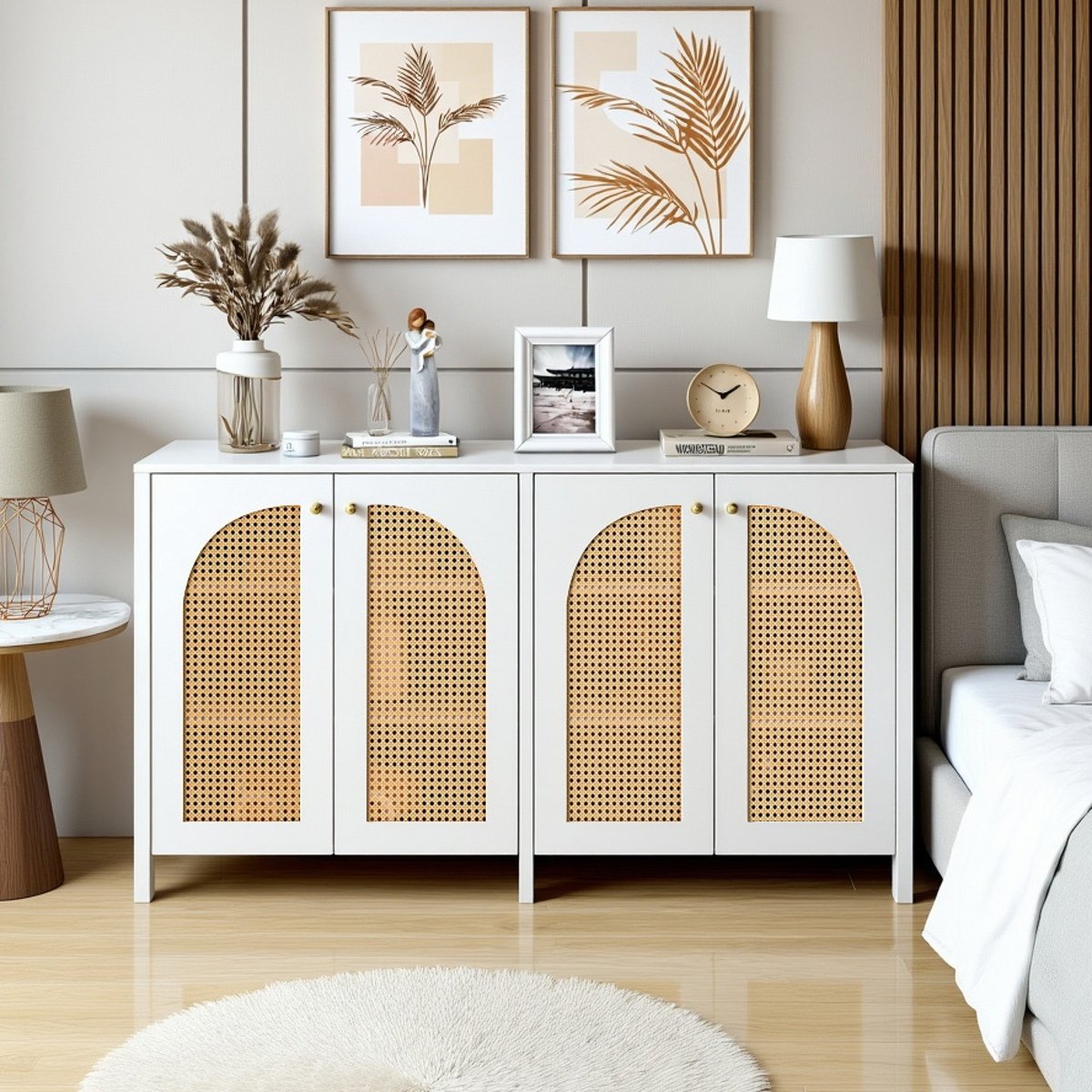 Armoire de rangement avec 4 portes et 6 couches et portes en rotin tressé, NOVAKB Armoire blanc, MEUBLES COSY