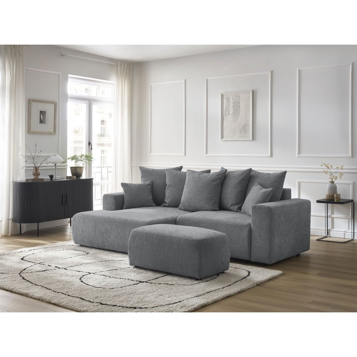 Canapé d'angle convertible 5 places en tissu texturé avec pouf, ATILLA gris foncé, BOBOCHIC