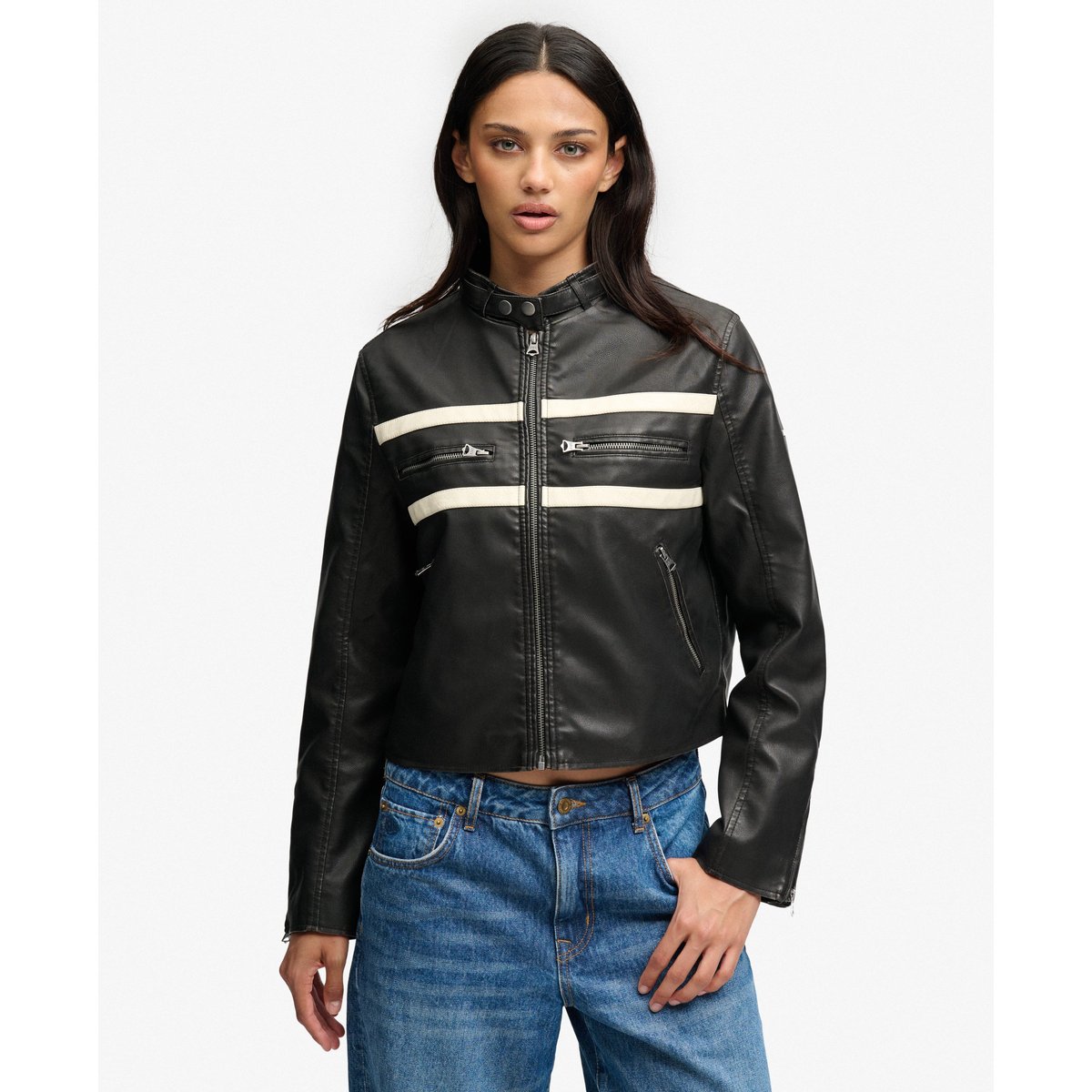 Veste Moto Faux Cuir Coupe Ajustée noir délavé/blanc cassé, SUPERDRY