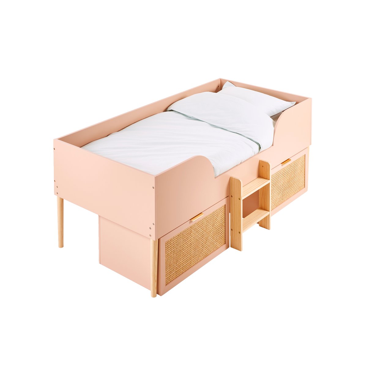 Lit enfant surélevé avec rangements cannage LIGNE POÉSIE rose nude, VERTBAUDET