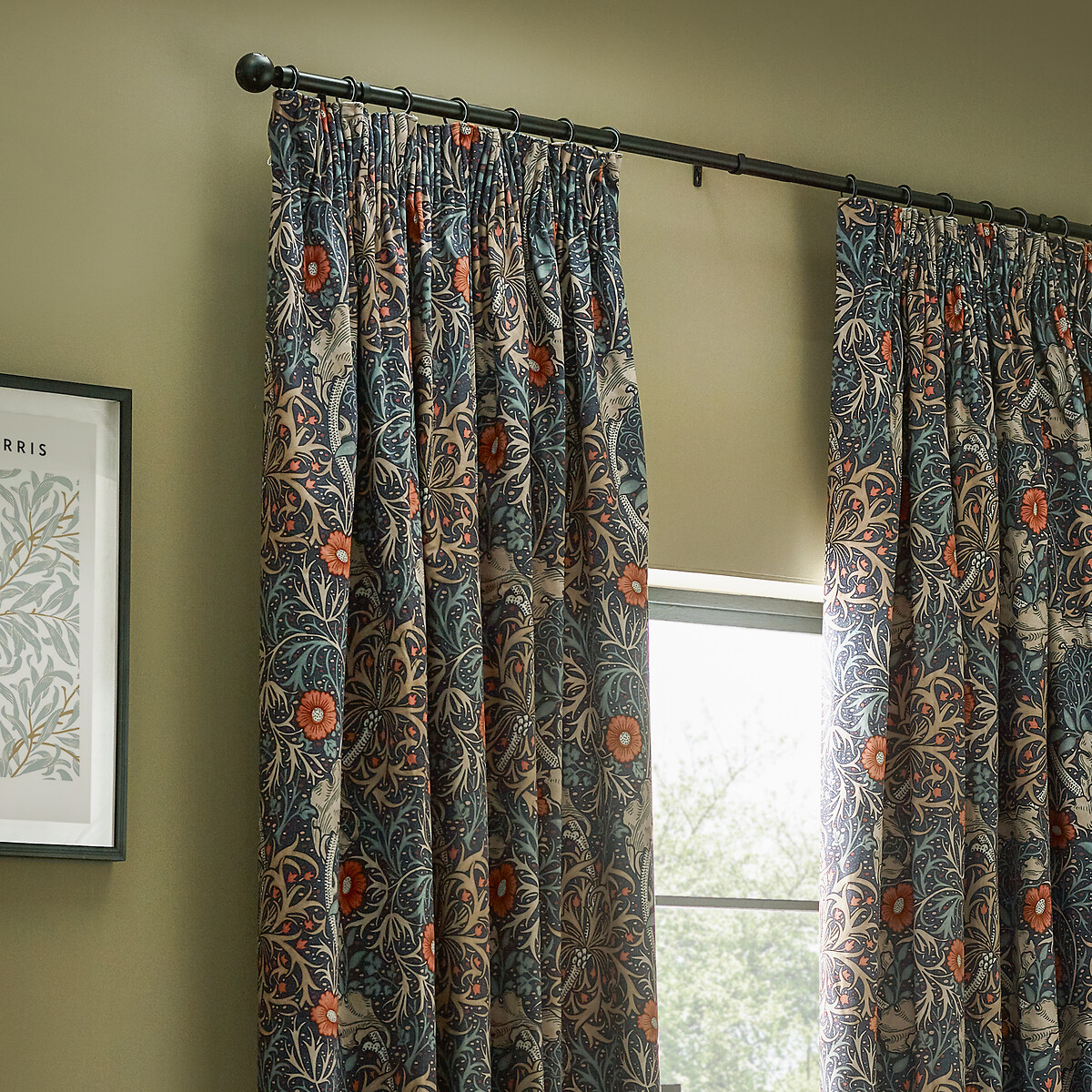 Seaweed Matt Velvet Pencil Pleat Curtains indigo, MORRIS & CO.