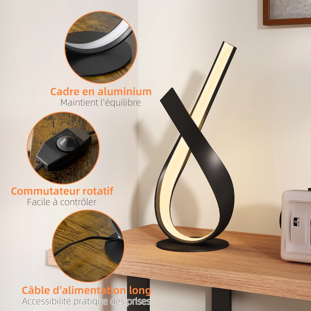 Lampe de table Aluminium Noir noir, HOMCOM
