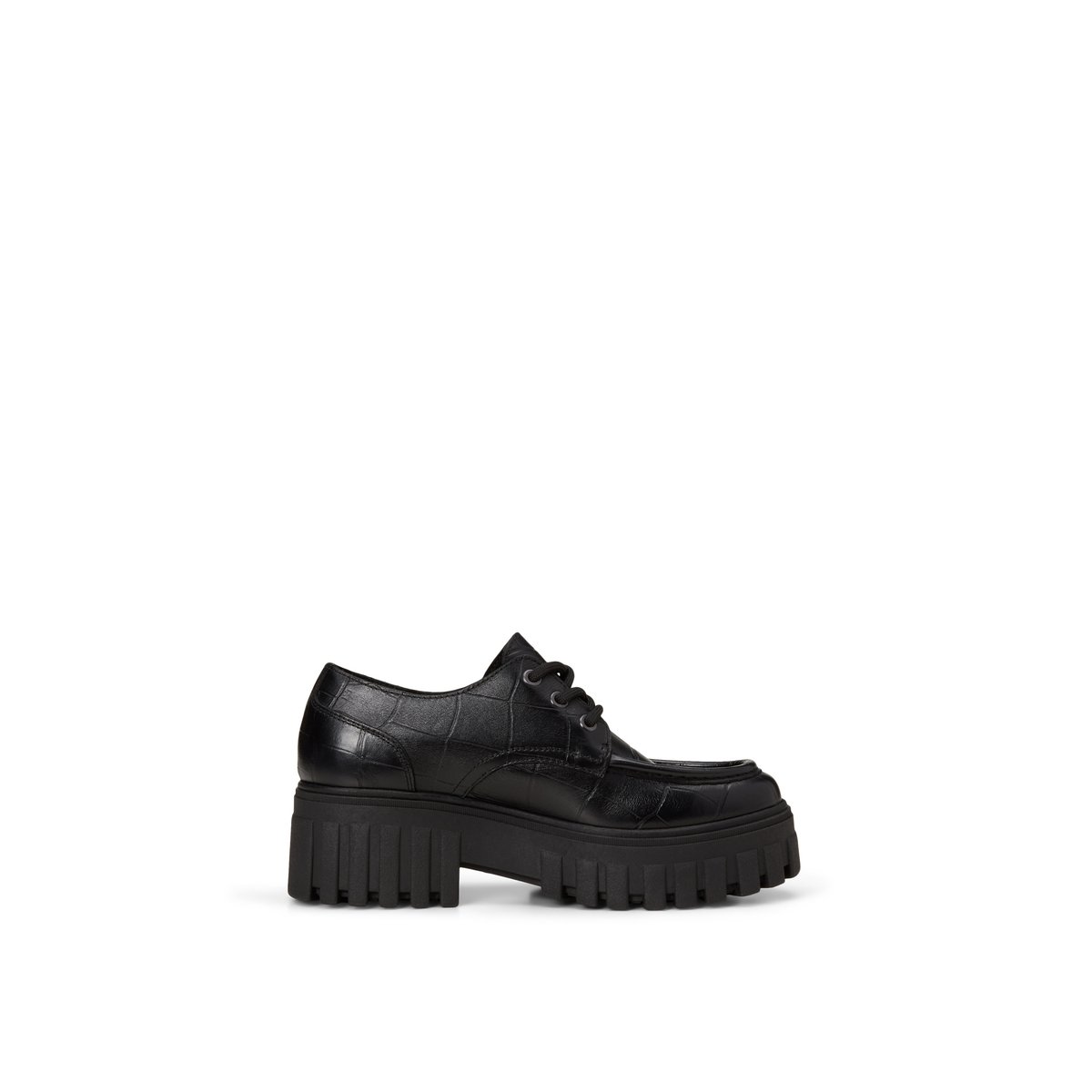 Chaussures à lacets à plateforme, modèle Vala en cuir de vachette aspect croco noir, MARC O'POLO