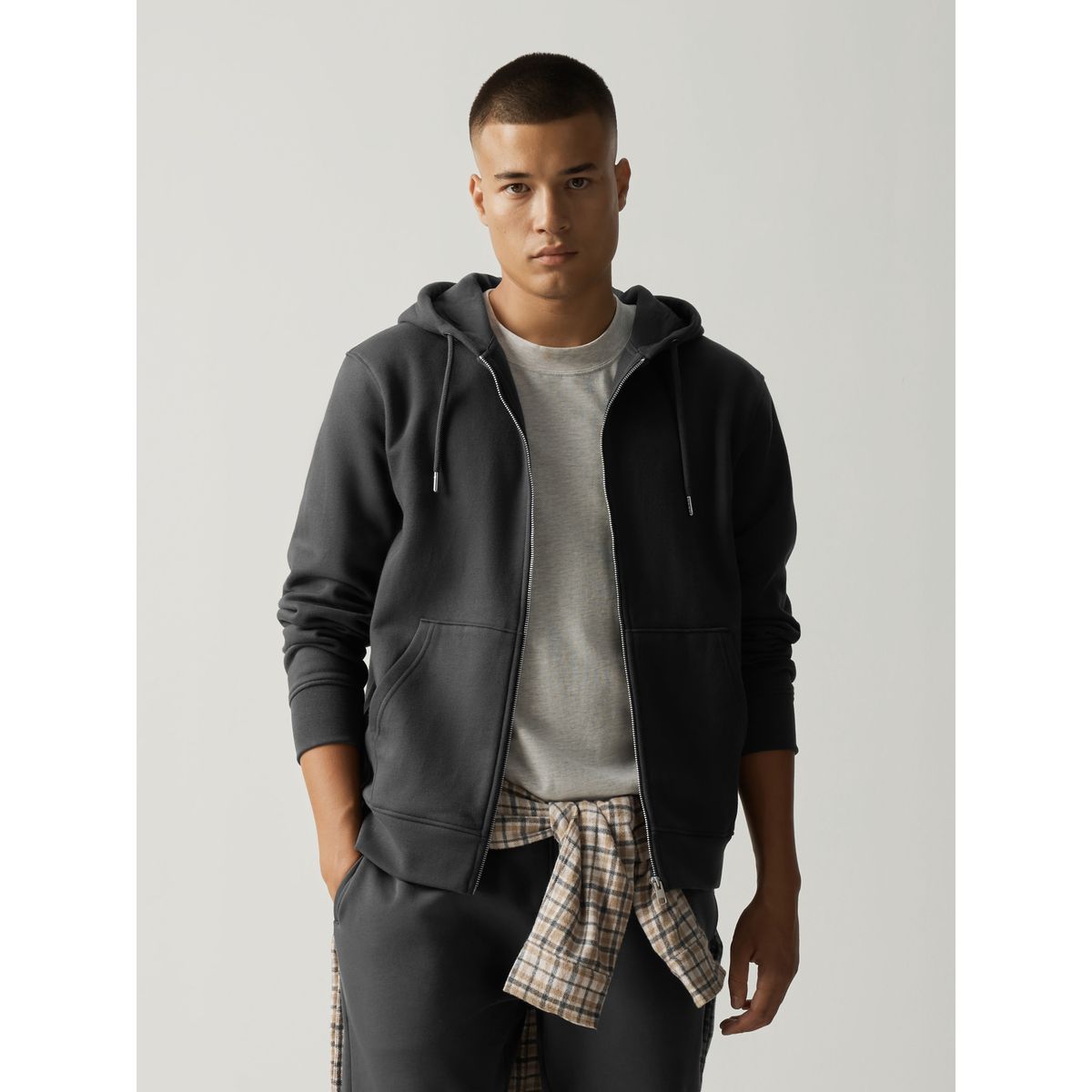 Sweat à capuche zippé en coton épais gris ardoise, NEXT