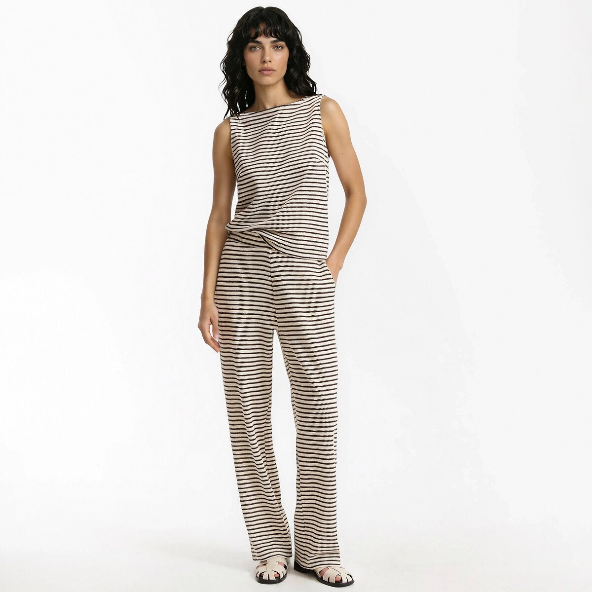Débardeur col rond en crochet rayé rayé marron/écru, LA REDOUTE COLLECTIONS
