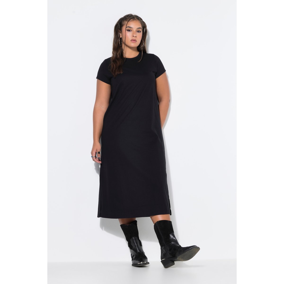 Robe midi, ligne A, jersey, col rond noir, STUDIO UNTOLD