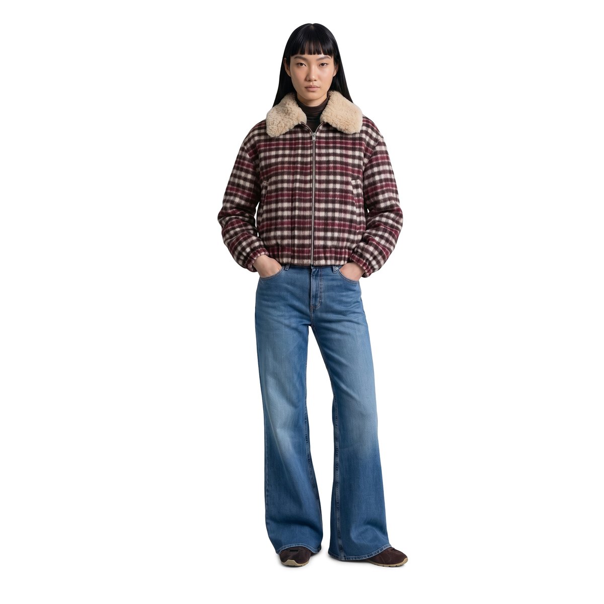 Blouson en laine à carreaux, coupe regular avec un col en peluche amovible blanc, MARC O’POLO DENIM