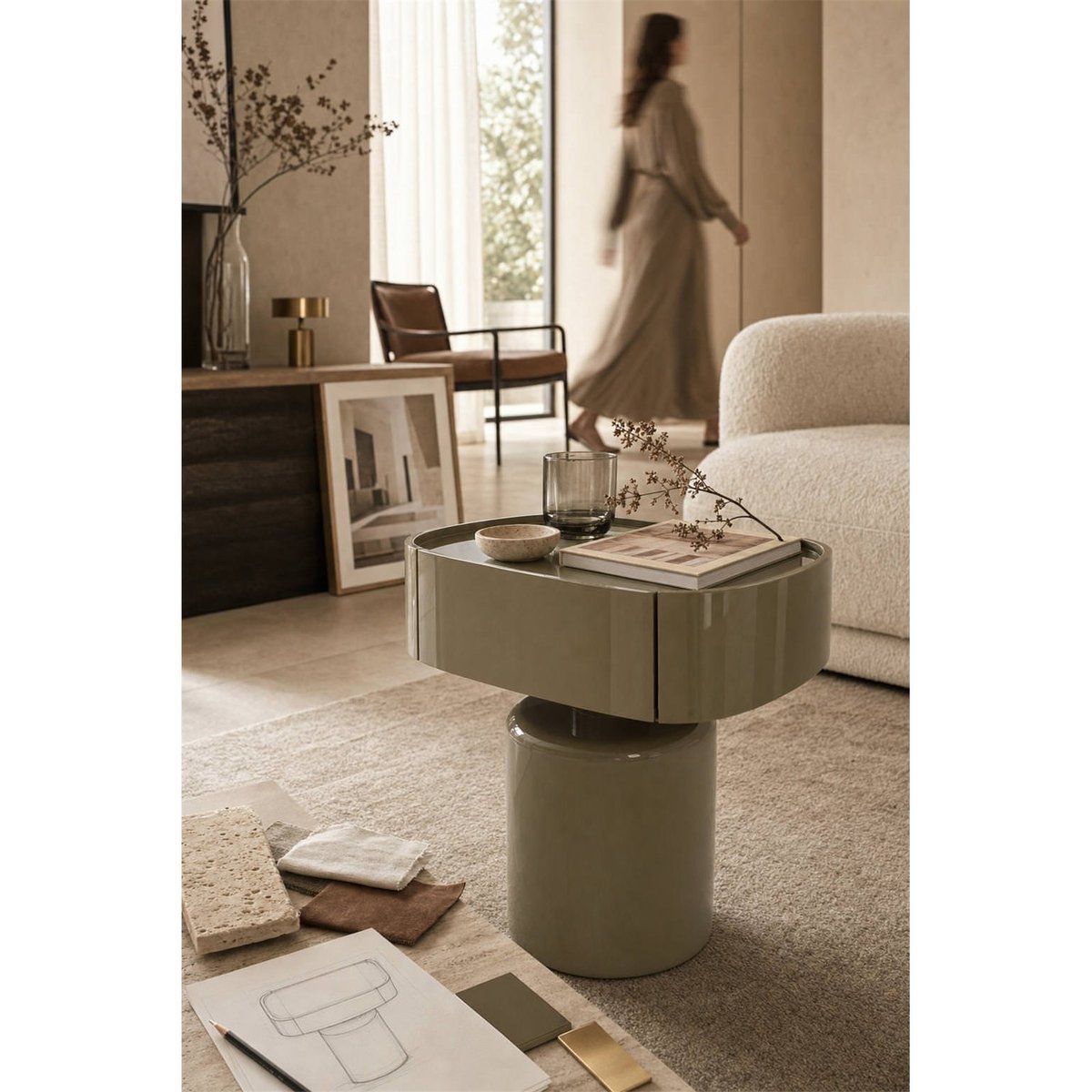 Table de chevet en bois au design arrondi vert argile, RECOLLECTION