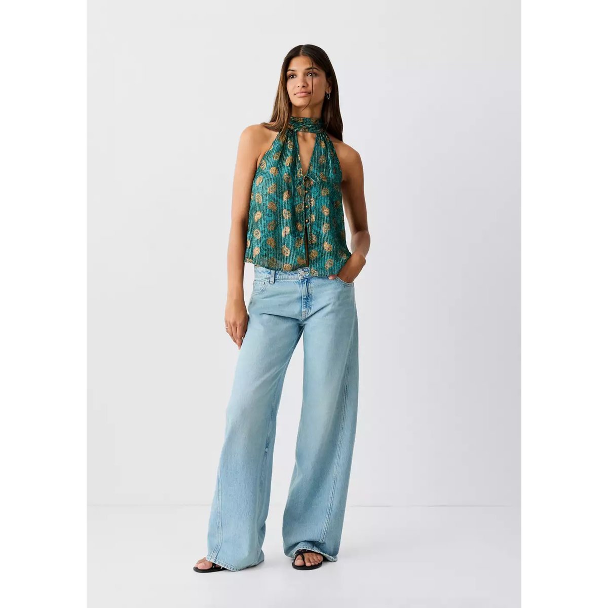 Top halter imprimé bleu pétrole, MANGO TEEN