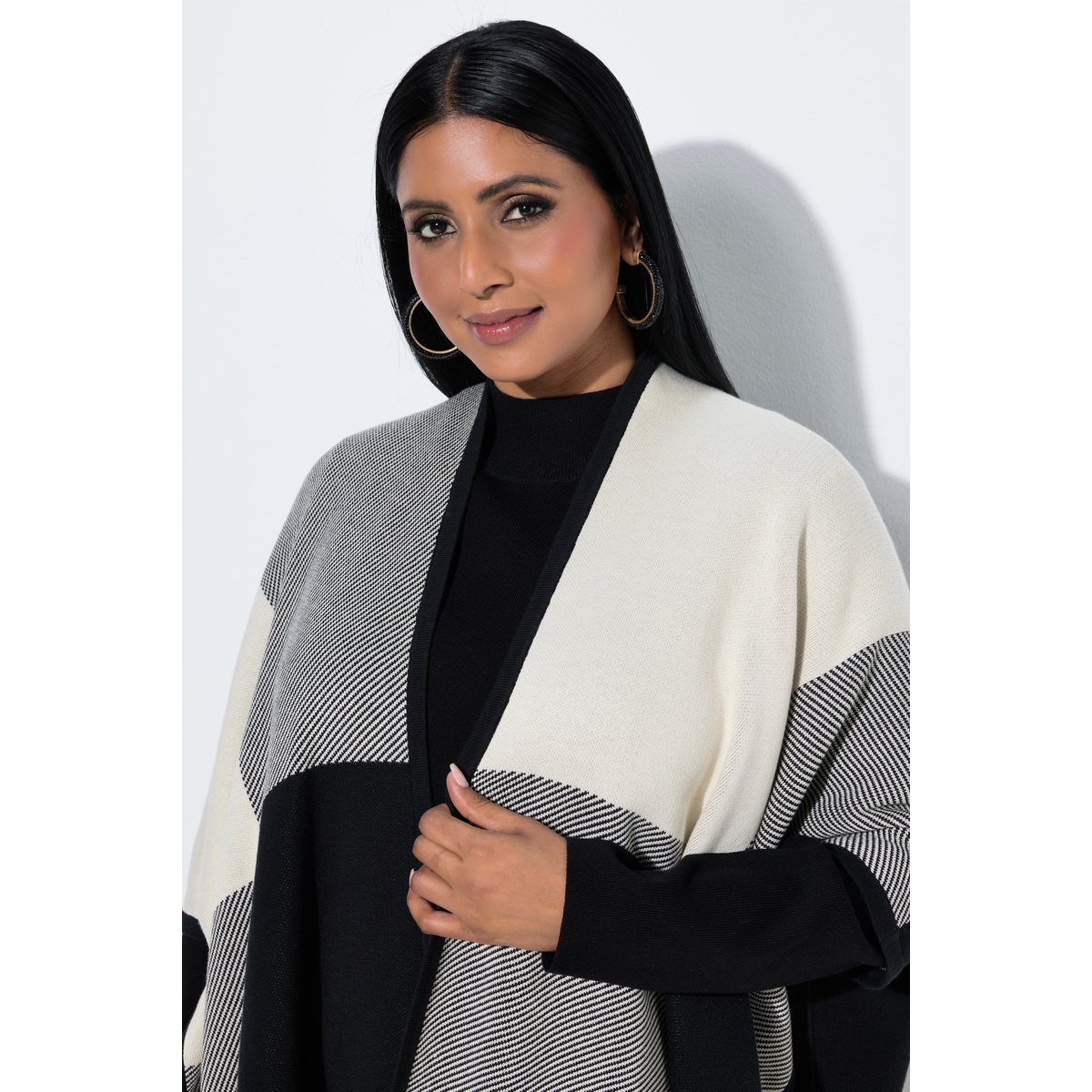 Poncho à carreaux, coupe ouverte noir, ULLA POPKEN