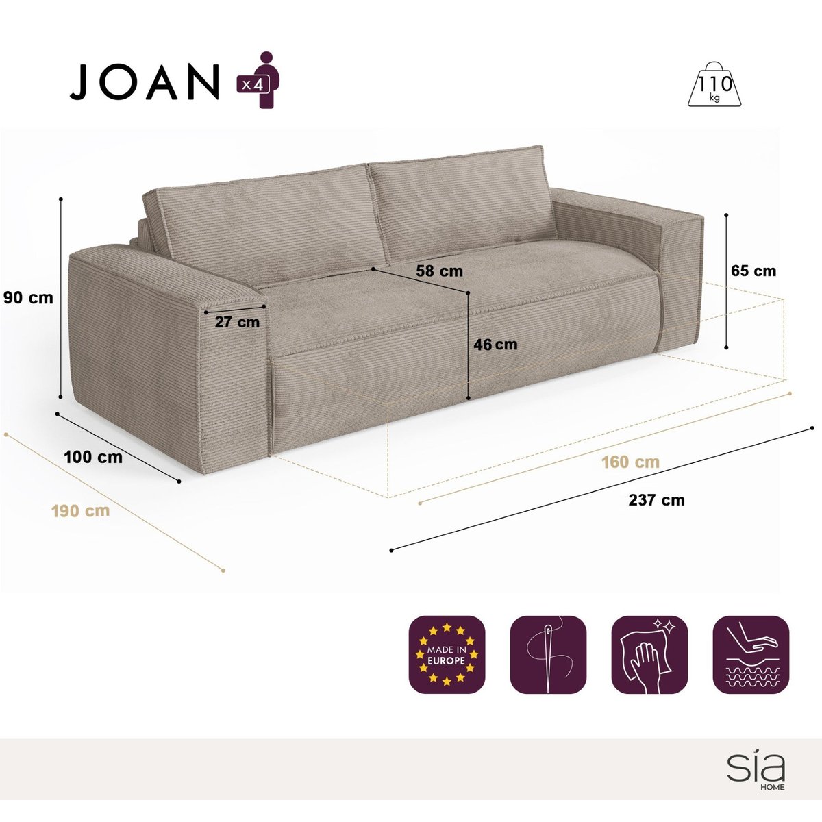 Canapé convertible express matelas Dunlopillo 160cm 4 places en velours JOAN crème, SIA HOME