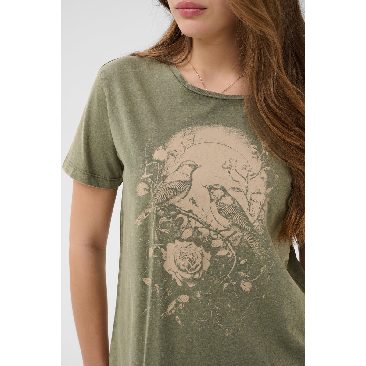 T-shirt à manches courtes vert mulled basil w. bleached birds, CREAM