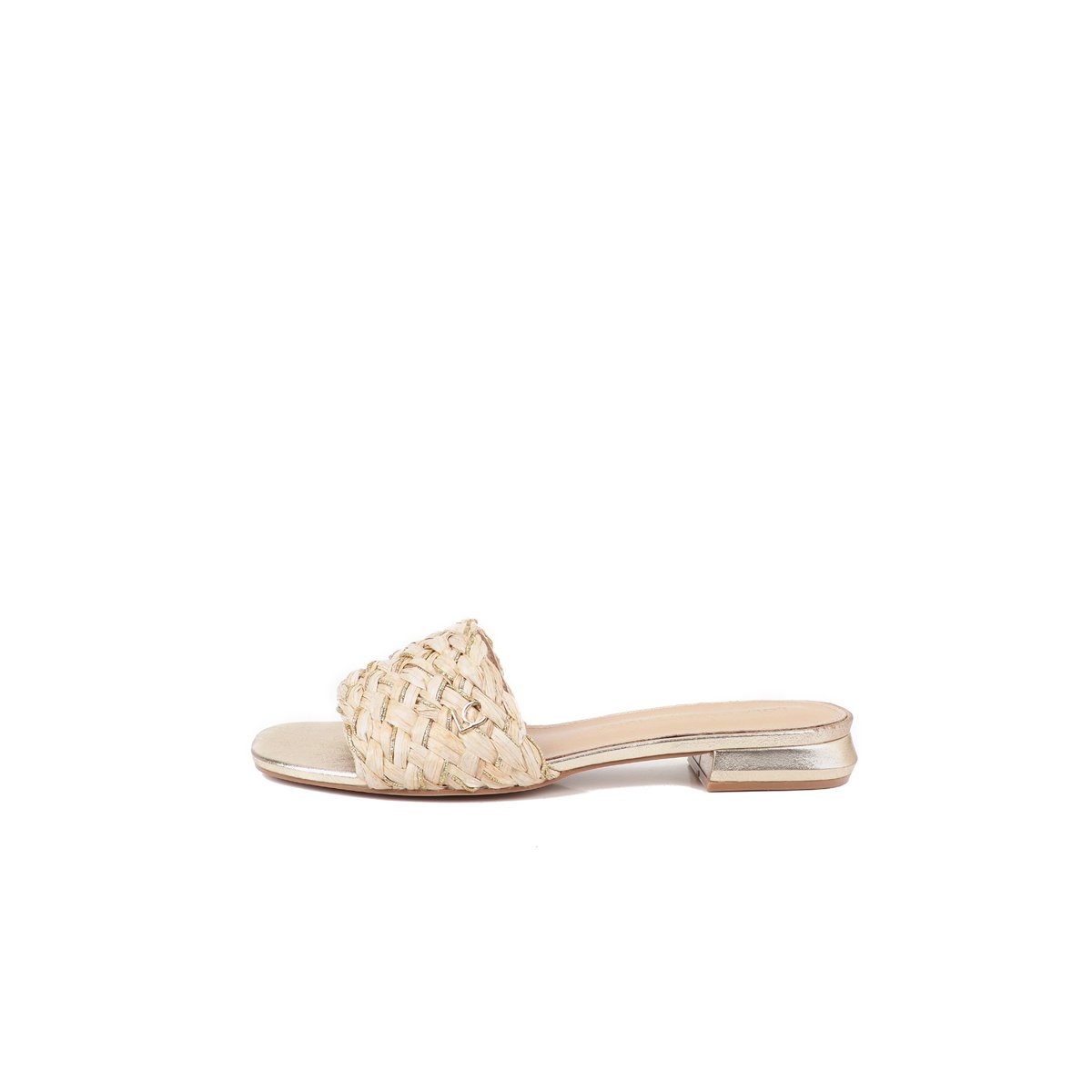 Mule plate à brides tressées en raphia et fils métallisés beige, LOLA CASADEMUNT