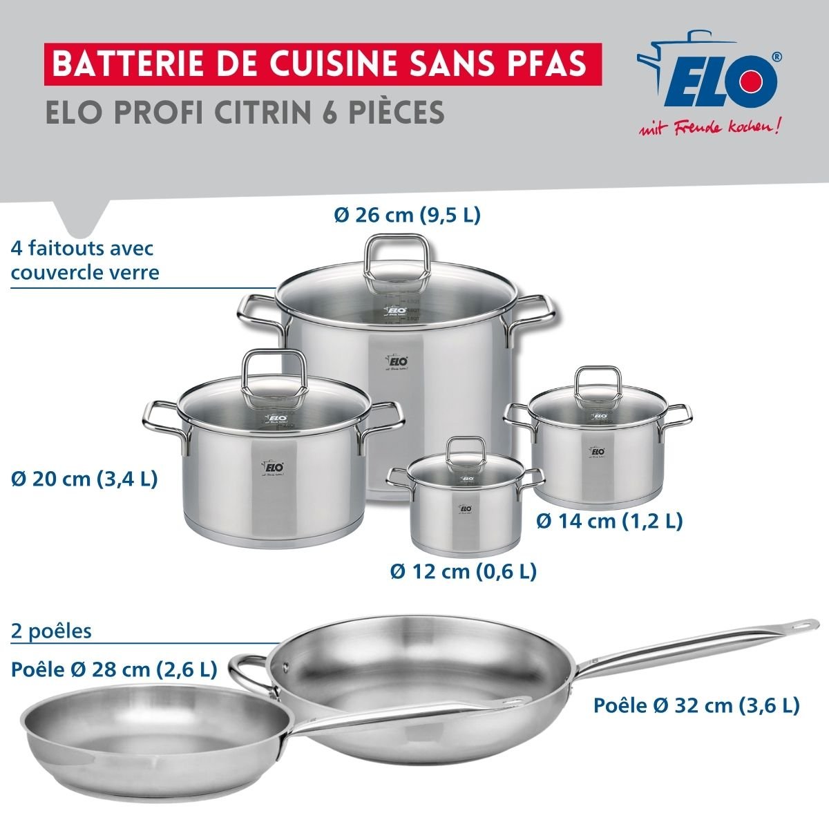 2 poêles 28/32cm + 4 faitouts 12/14/20/26cm PROFI CITRIN inox, ELO