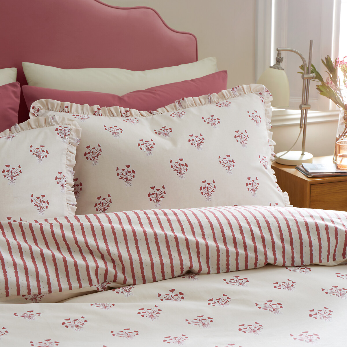 Hand Gathe Posy Cotton Reversible Duvet Cover Set red print, EMILY BOND