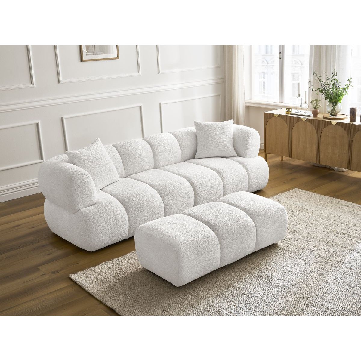 Canapé droit fixe 3 places en tissu bouclette avec pouf, PAMIRA blanc, BOBOCHIC