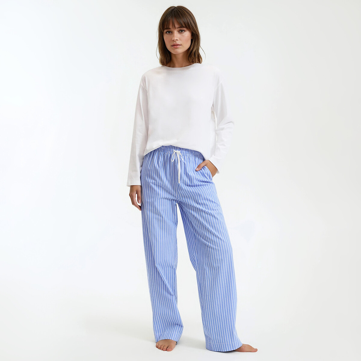 Pantalon de pyjama rayé, en pur coton rayé bleu ciel, LA REDOUTE COLLECTIONS