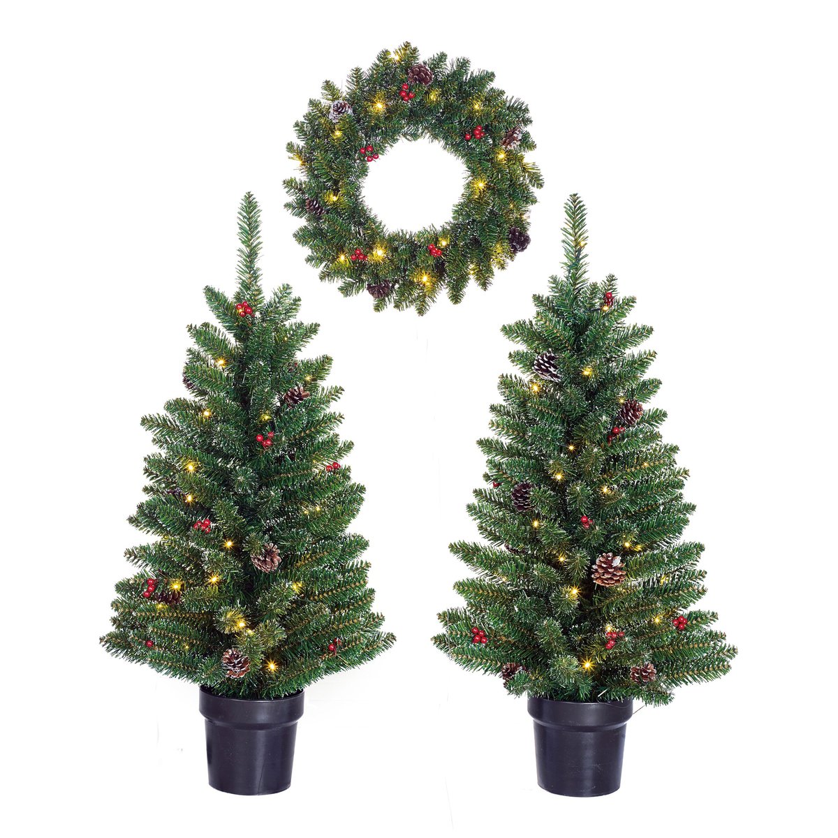 Lot de 2 sapins de Noël artificiel et 1 couronne CRESTON vert, BLACK BOX TREES