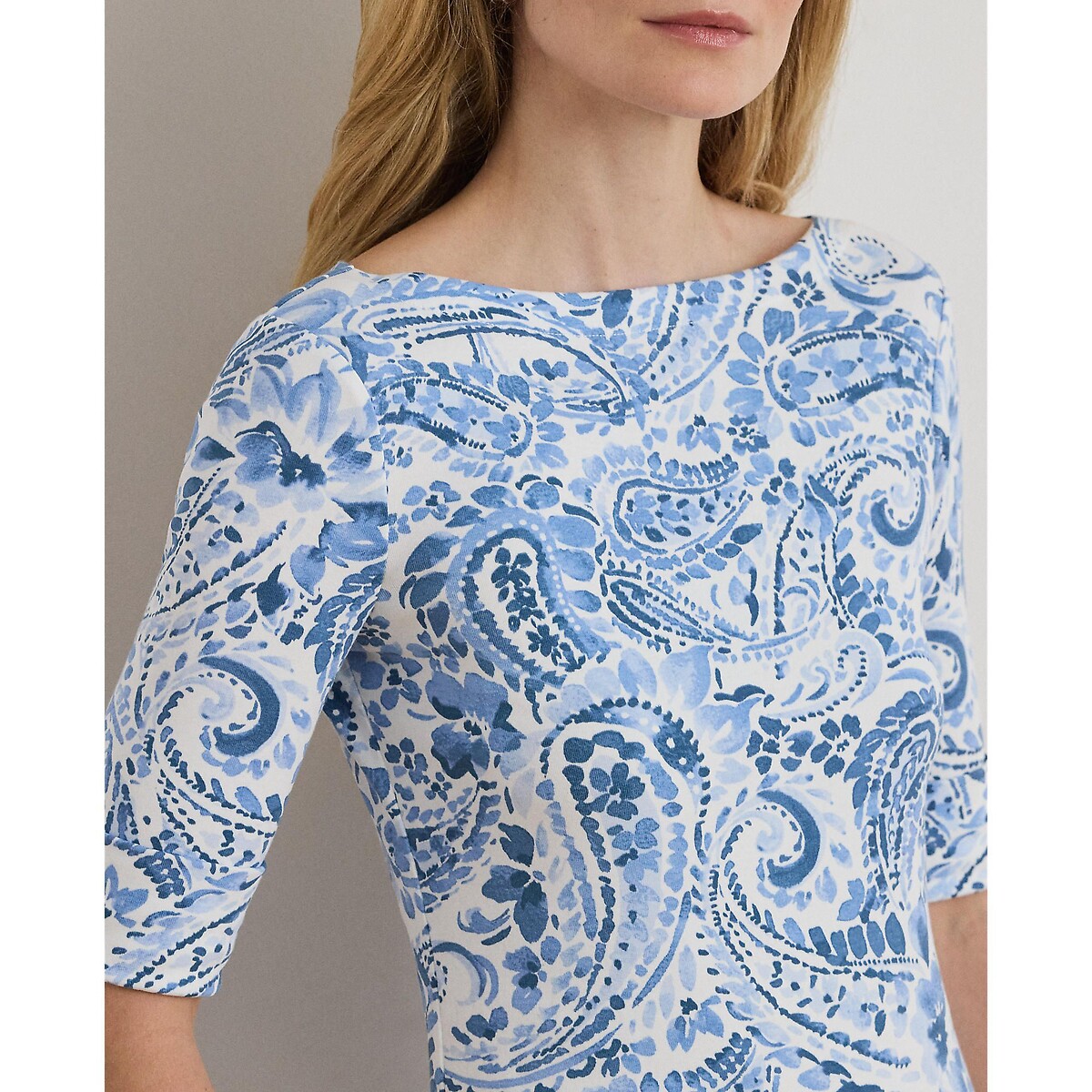 T-shirt manica corta con scollo a barca, stampa cachemire, JUDY fantasia blu/bianco, LAUREN RALPH LAUREN