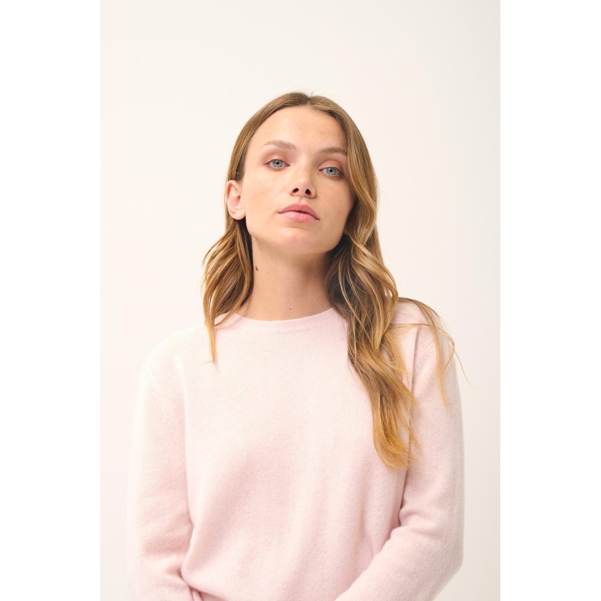 Pull Col Rond Boutonné Dos Poudre Janice rose clair, JUST CASHMERE