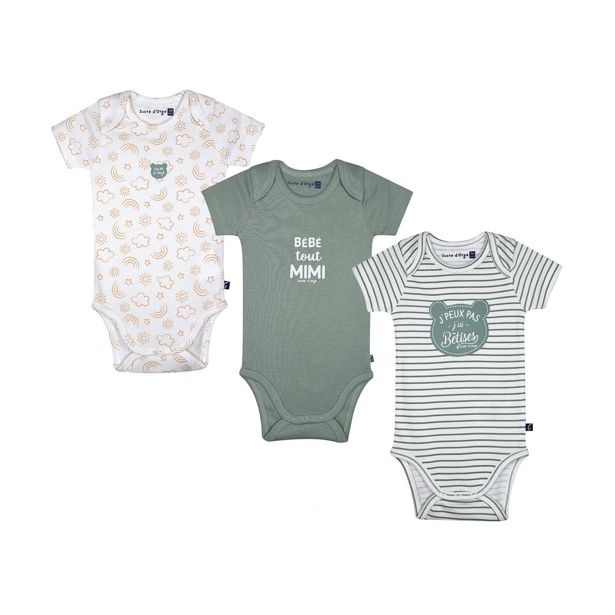 Lot de 3 bodies omar manches courtes vert, SUCRE D'ORGE