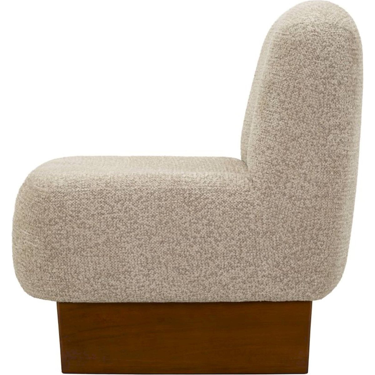 Fauteuil japandi tissu bouclé assise enveloppante beige grisé et marron bois, RECOLLECTION