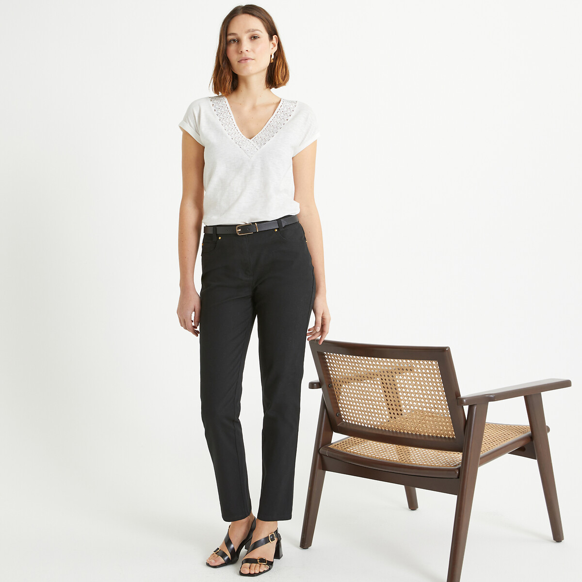 Pantalón recto de 5 bolsillos de algodón elástico negro, ANNE WEYBURN