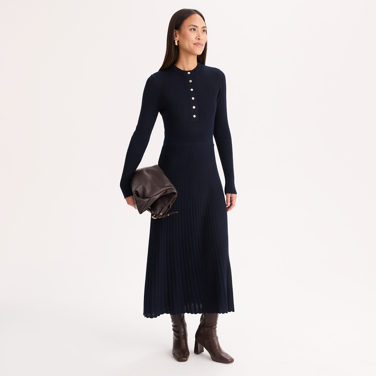 Robe col rond, longueur midi, en laine mélangée côtelée bleu marine, ANNE WEYBURN