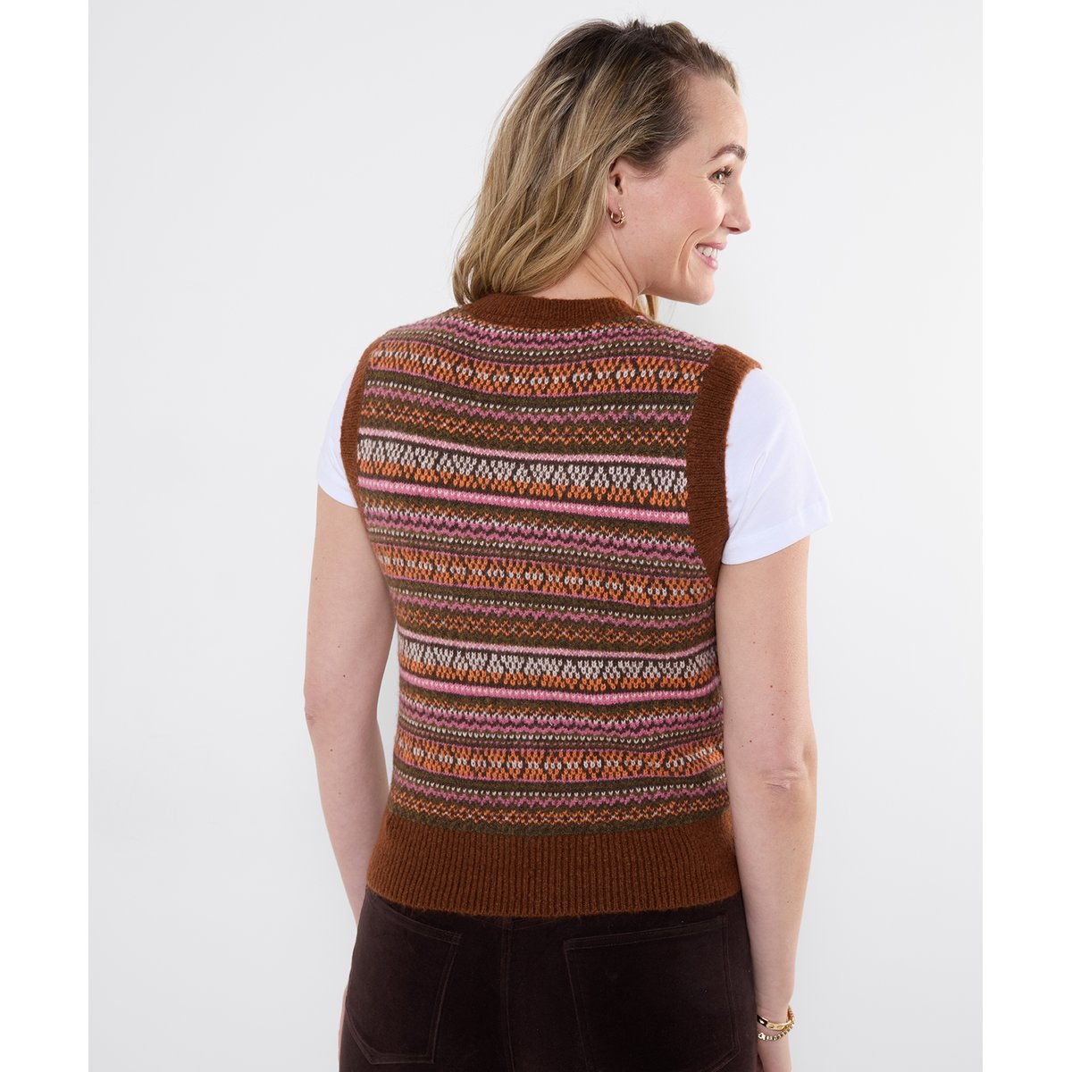 Pull Sans Manches en Maille Jacquard Fair Isle Boutonné Jours d'Automne marron, JOE BROWNS