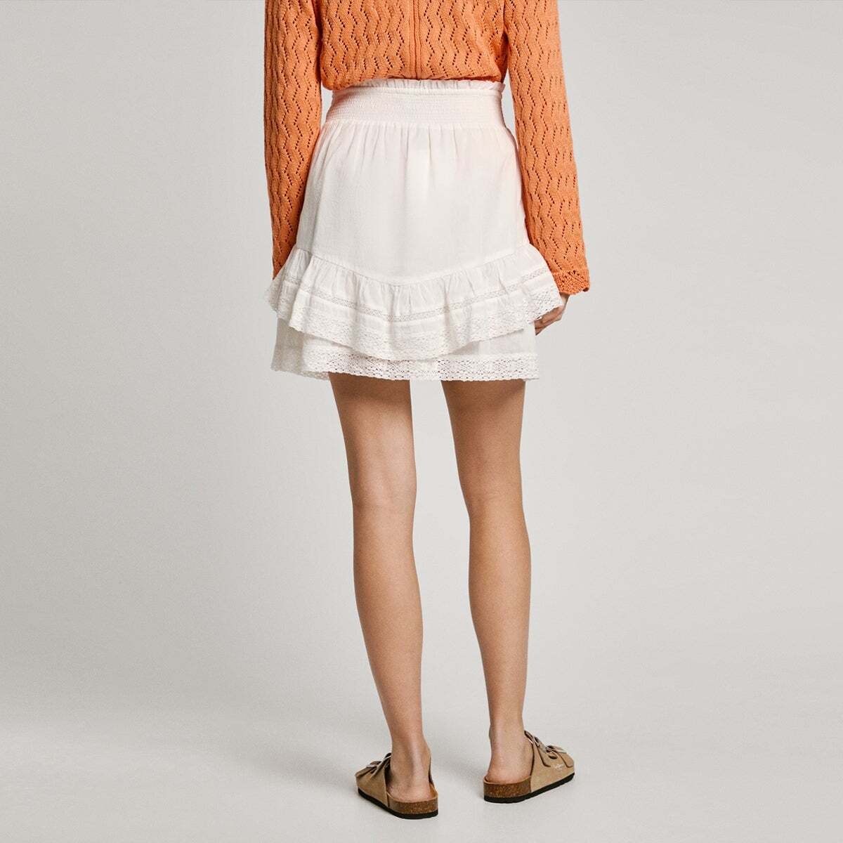 Jupe Courte À Volants Brodés blanc cassé, PEPE JEANS