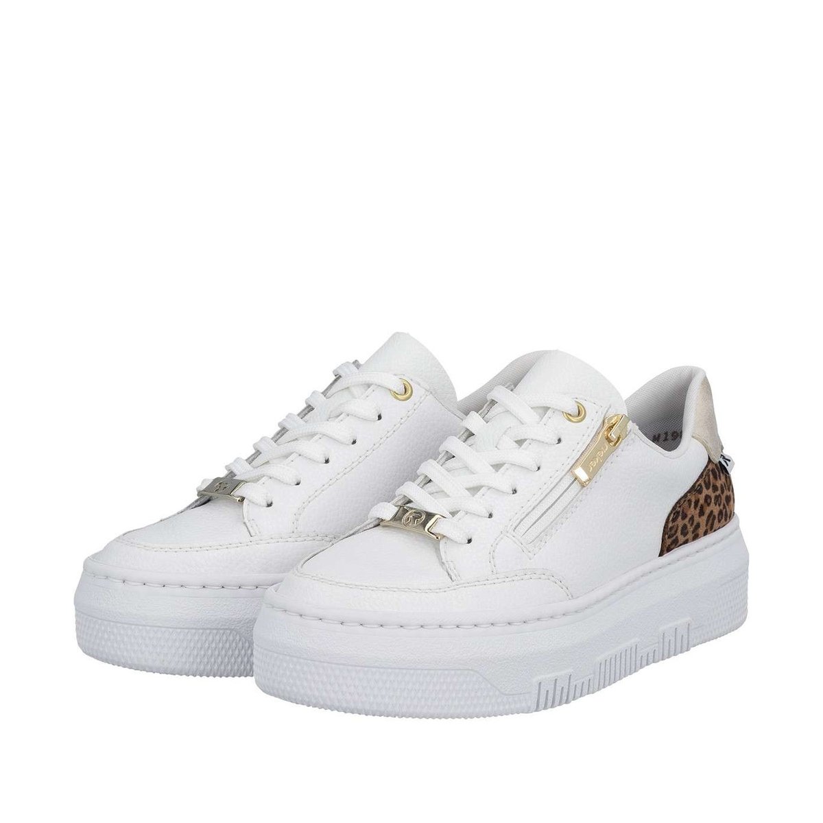 Tennis en cuir blanches à talon plat avec des lacets et un zip latéral blanc, RIEKER