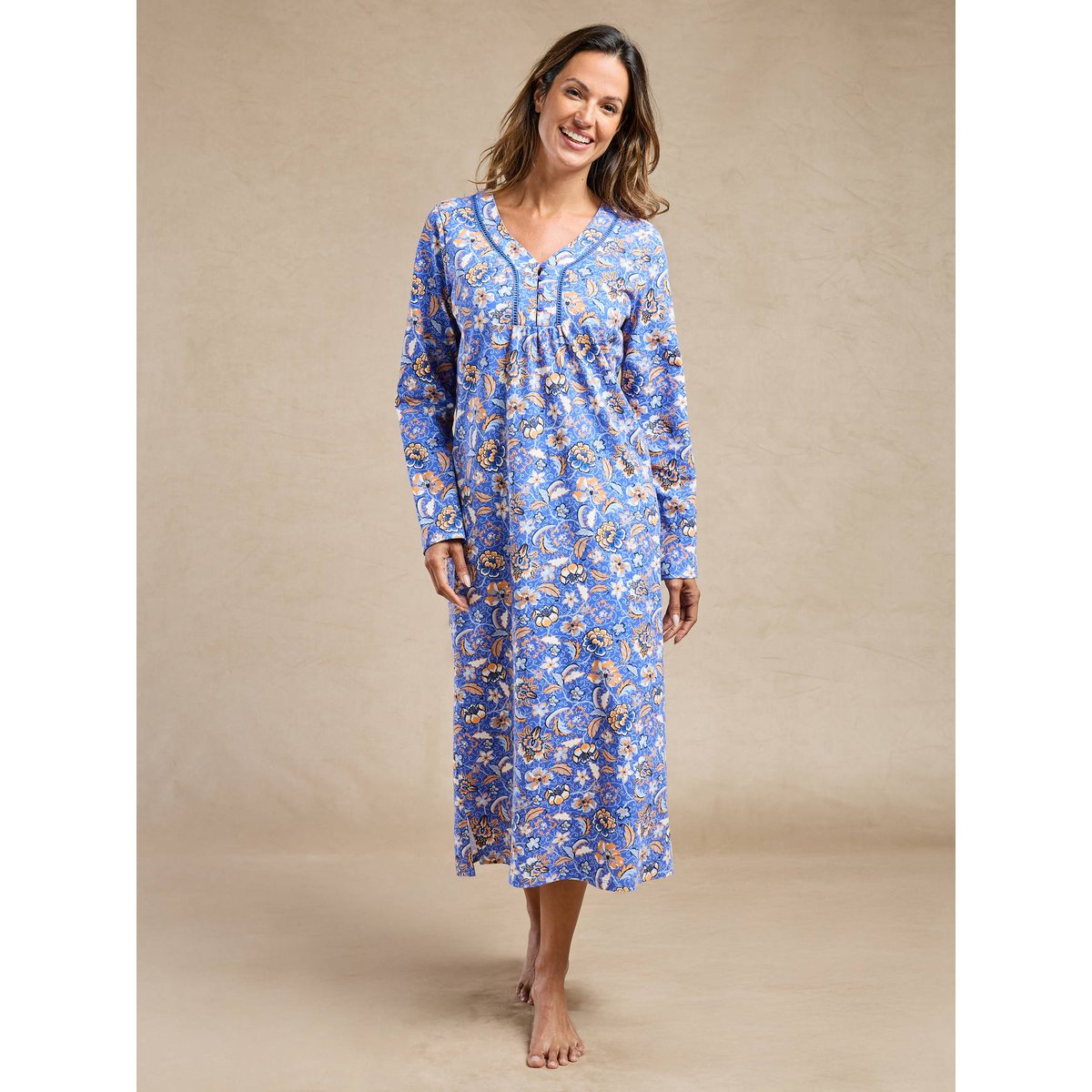 Chemise de nuit longue en jersey imprimé bleu, DAXON