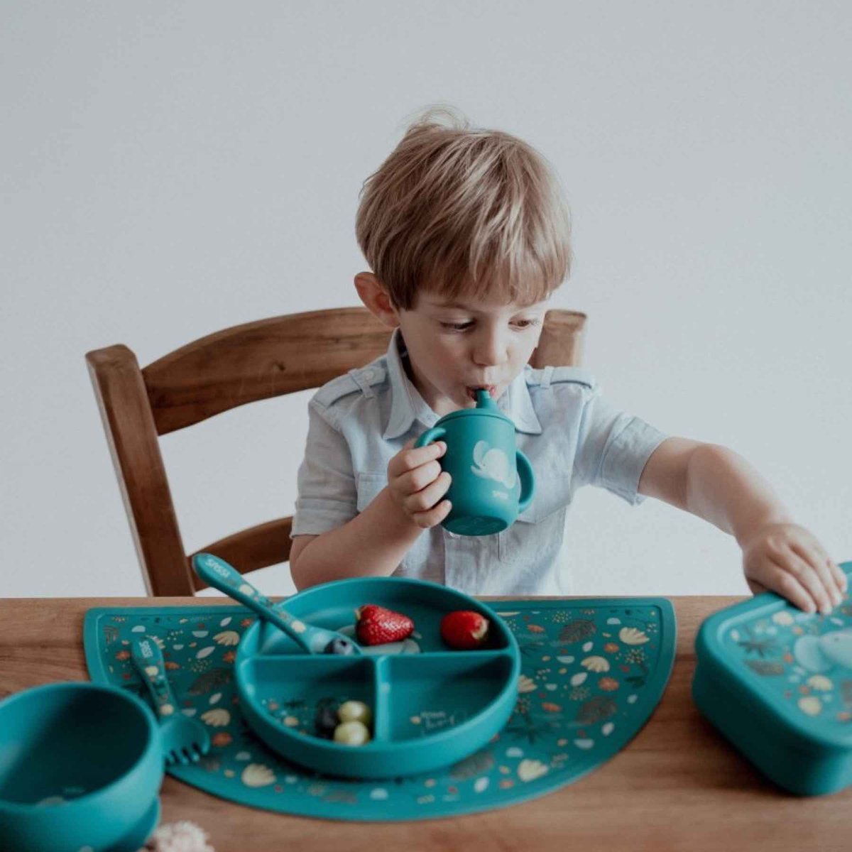 Assiette compartimentée en silicone avec ventouse ANIMAUX ANIMAUX bleu, SASSI JUNIOR