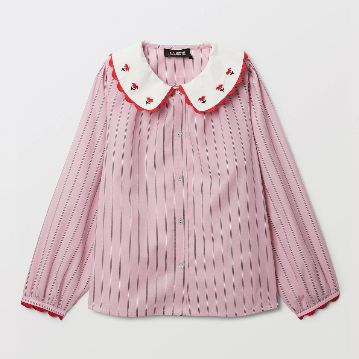 Chemise rayée col claudine brodé bouquet, MONOPRIX