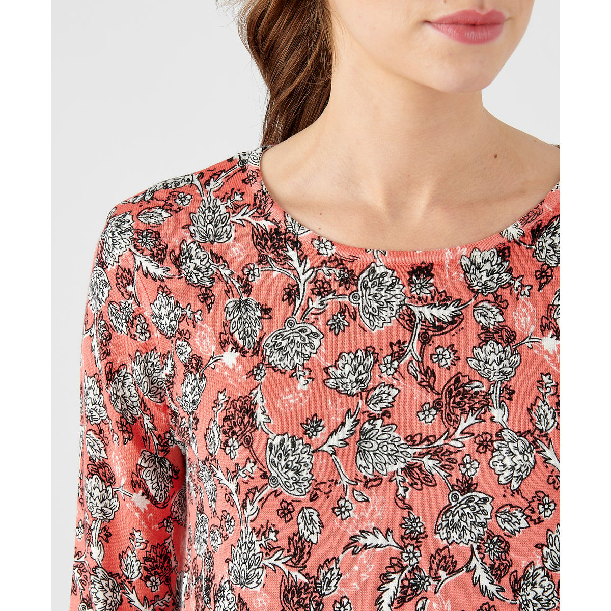 Pull maille fine manches 3/4 rose floral, DAMART