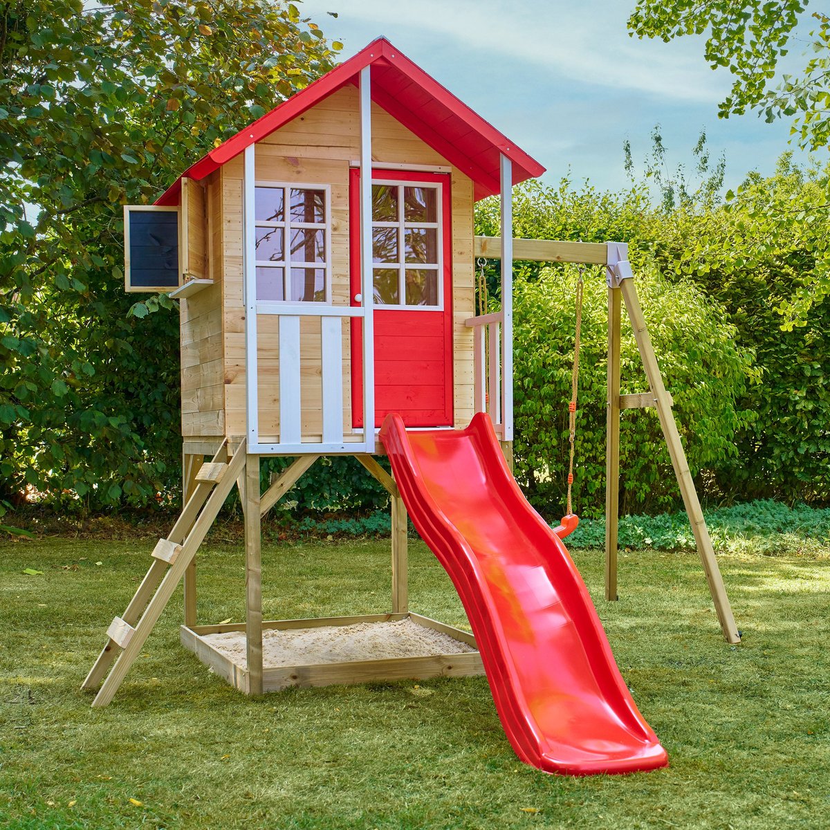 Maisonnette sur pilotis, glissière, 1 balançoire COQUELICOT marron - rouge - blanc, TP TOYS
