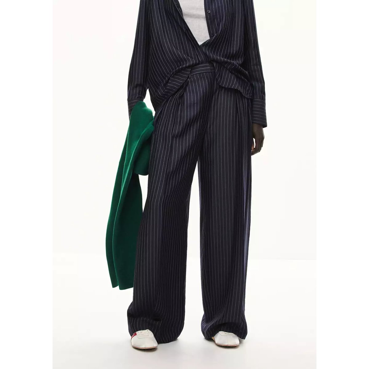 Pantalon wide leg à rayures tennis en contraste bleu marine, MANGO