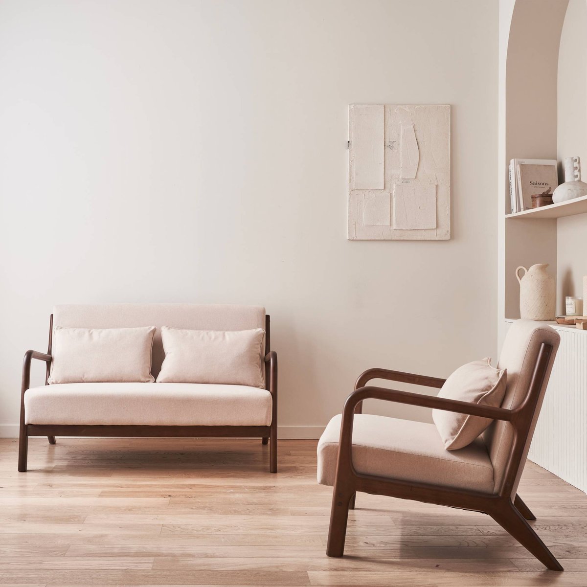 Banquette 2 places + Fauteuil bois d'hévéa teinté noyer clair et tissu LORENS beige, SWEEEK