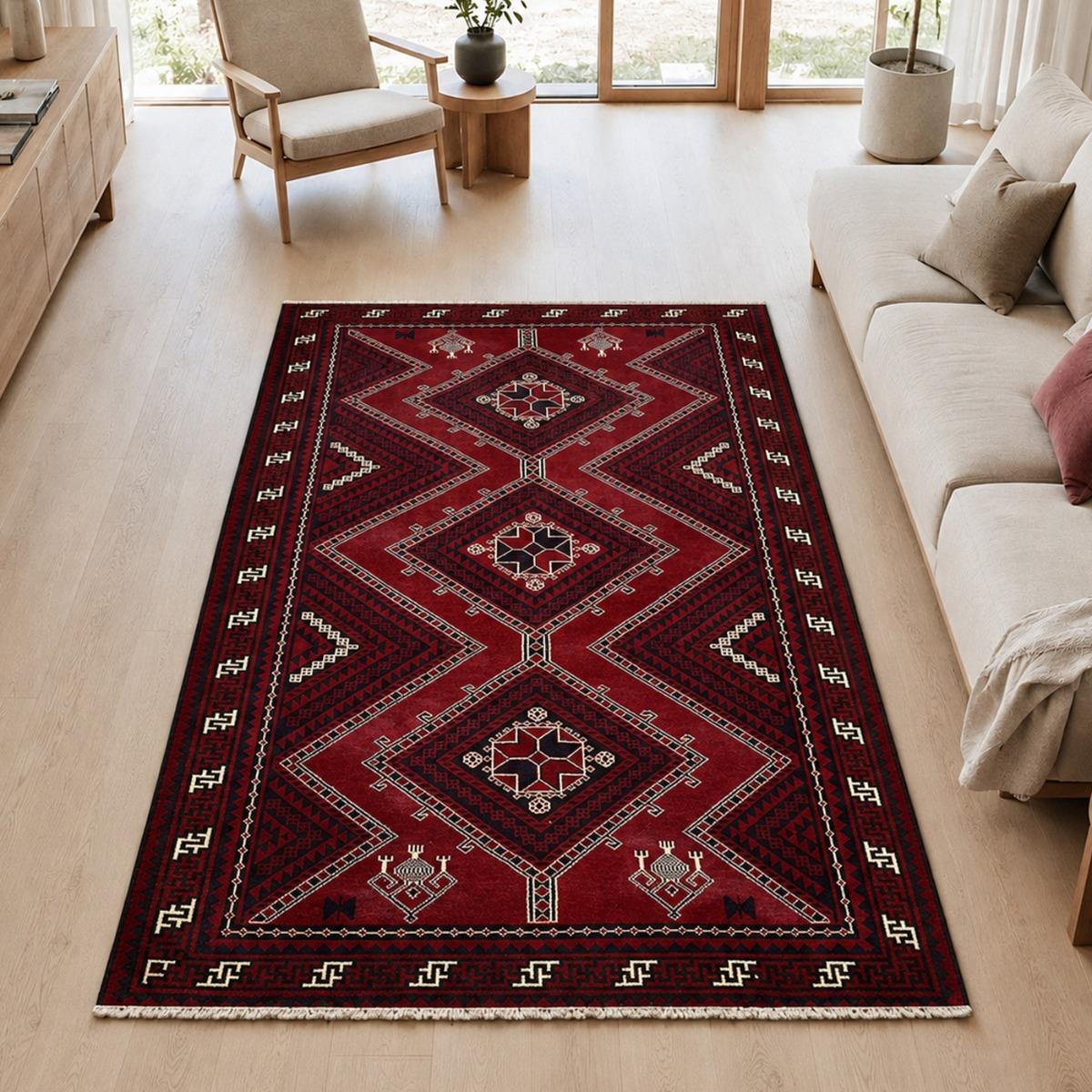 Tapis d'orient, motif oriental, noué à la main en laine, LORI 1 rouge, crème, noir, UN AMOUR DE TAPIS