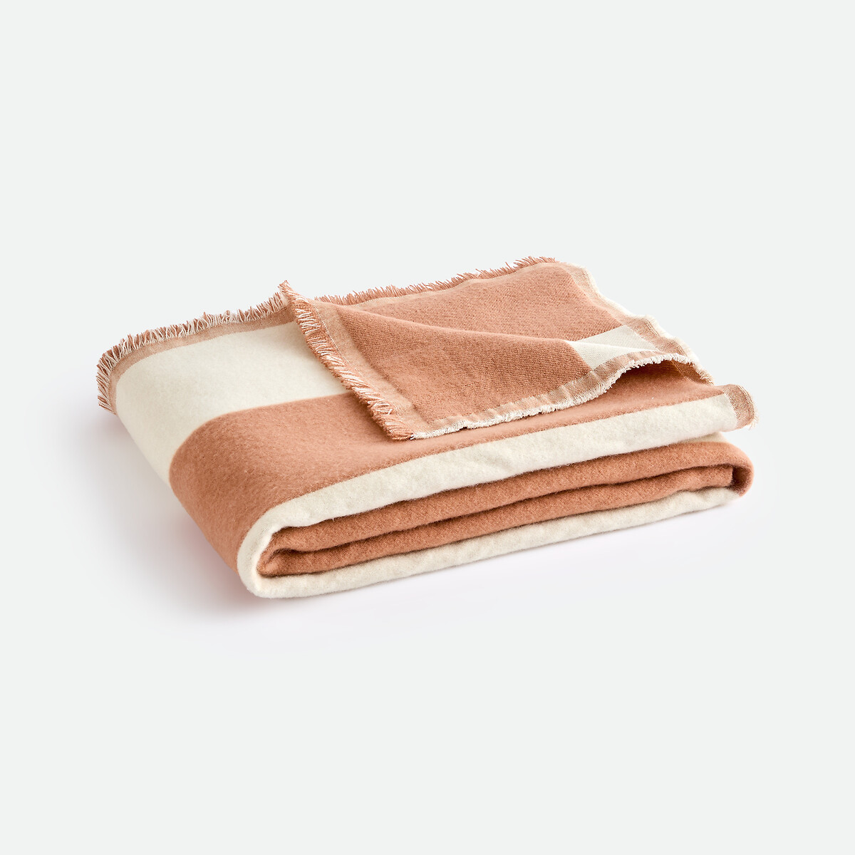 Plaid en jacquard rayures géométriques, à franges, TABAKA ecru/caramel, LA REDOUTE INTERIEURS