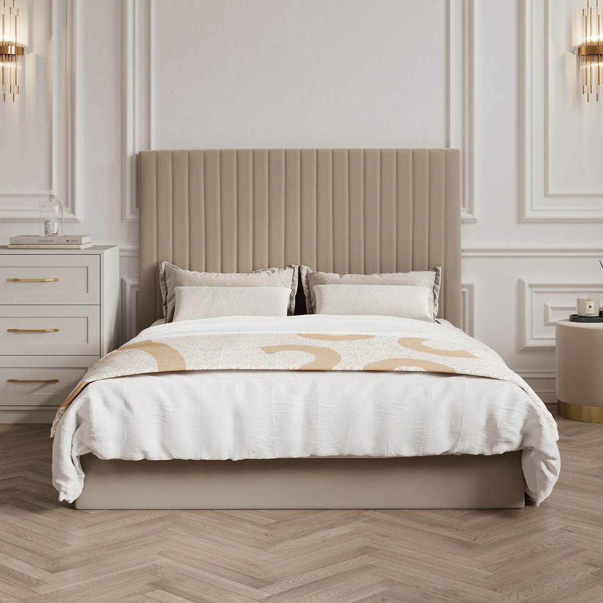 Luciana Velvet Ottoman Storage Bed with Tall Fluted Headboard beige, ÉDITÉ