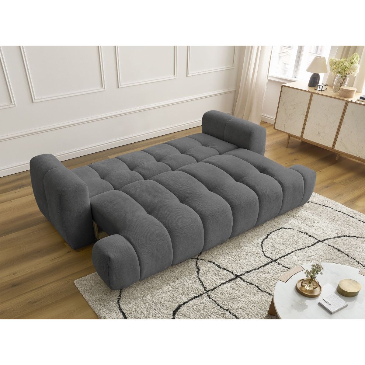 Canapé droit convertible 3 places en tissu lisse, FUJI gris foncé, BOBOCHIC