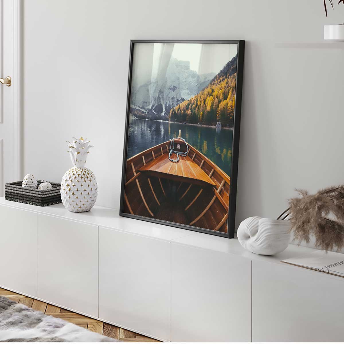 Affiche encadrée barque sur lac de montagne affiche + cadre en métal - noir, HEXOA