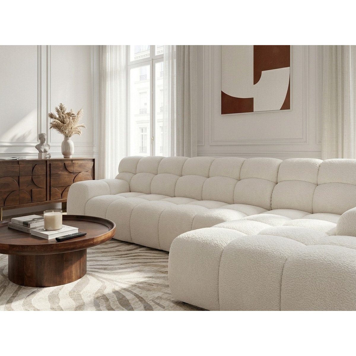Canapé d'angle convertible 3 places en tissu texturé, ANDRE blanc, BOBOCHIC