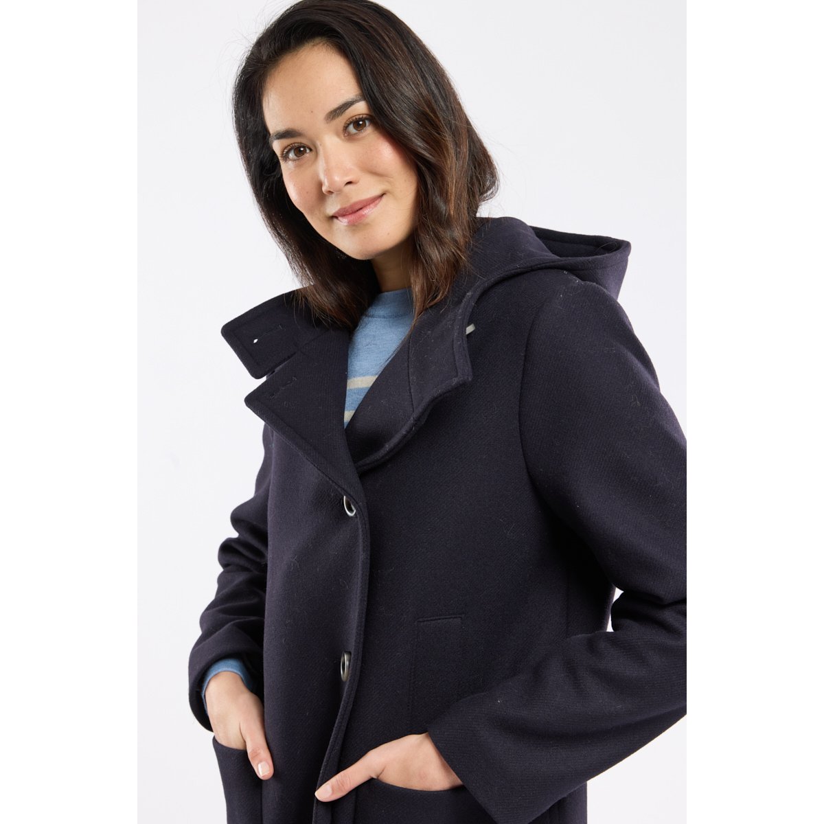 Manteau boutonné à capuche en drap de laine marine, ARMOR-LUX